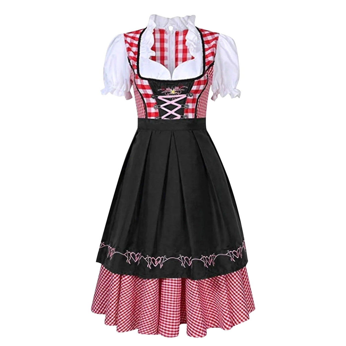 Joanna | Damski dirndl w kratę z krótkimi, bufiastymi rękawami, bawarska sukienka | Rokishi