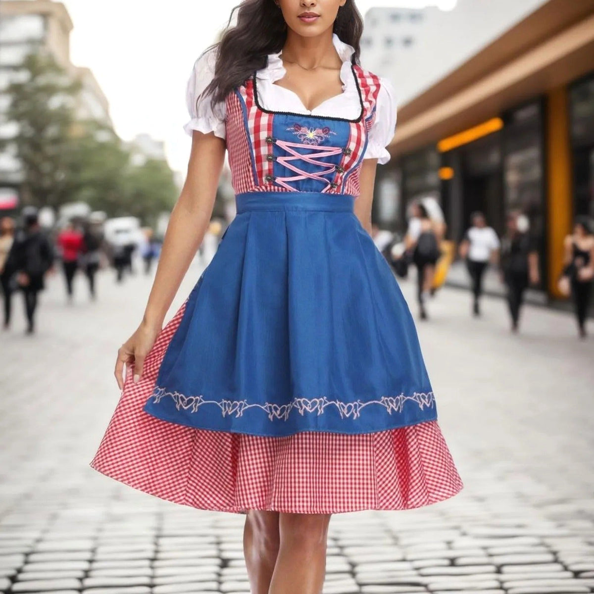 Joanna | Damski dirndl w kratę z krótkimi, bufiastymi rękawami, bawarska sukienka | Rokishi