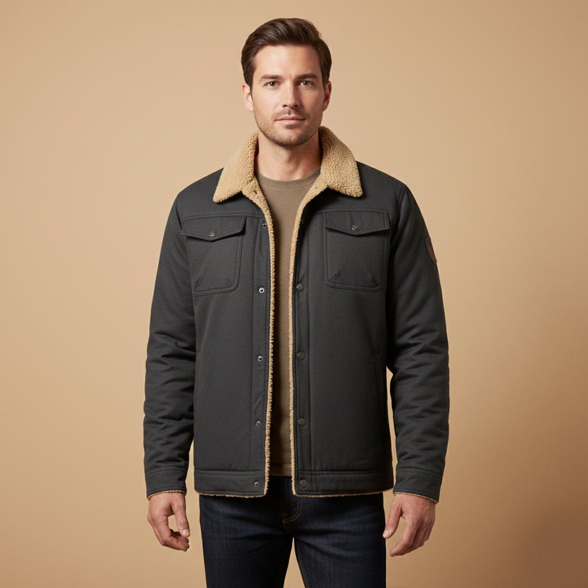Beckett | Męski płaszcz, z polarową podszewką, ciepły model | Rokishi | Khaki