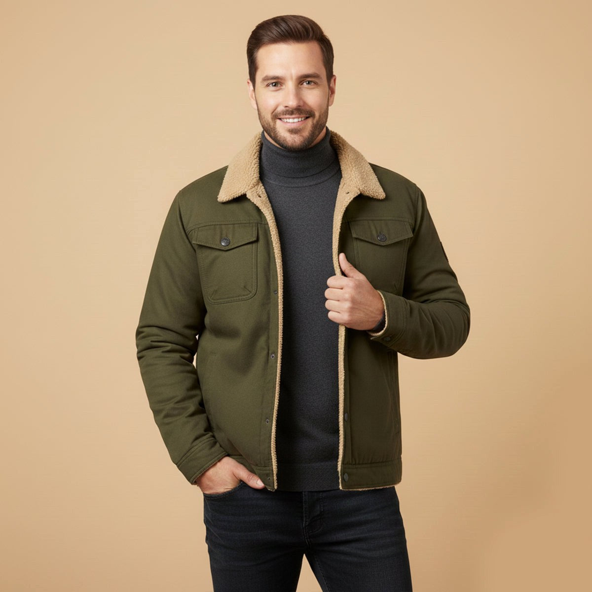 Beckett | Męski płaszcz, z polarową podszewką, ciepły model | Rokishi | Khaki