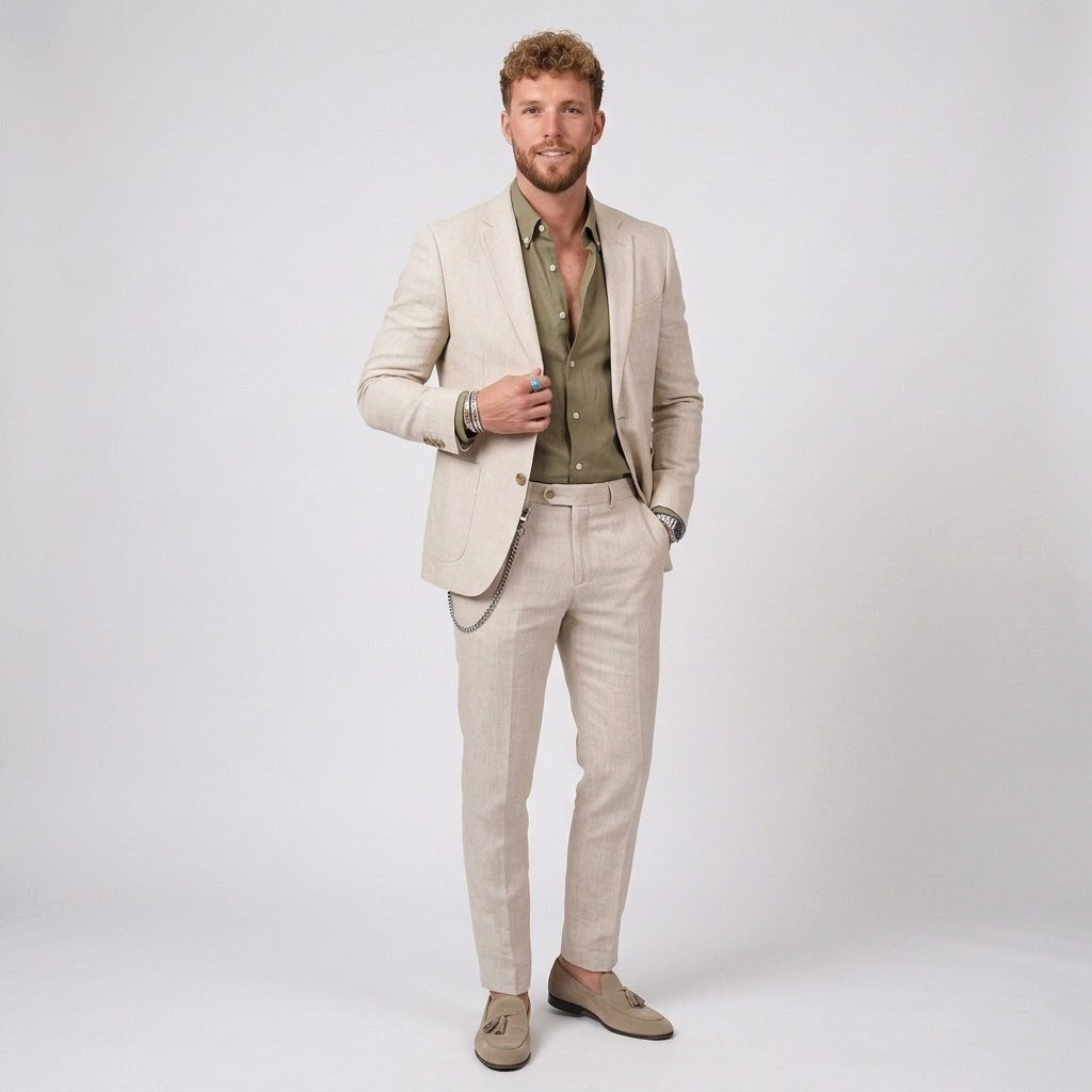 Florian | Męski garnitur lniany o kroju slim fit, zestaw dwuczęściowy | Rokishi