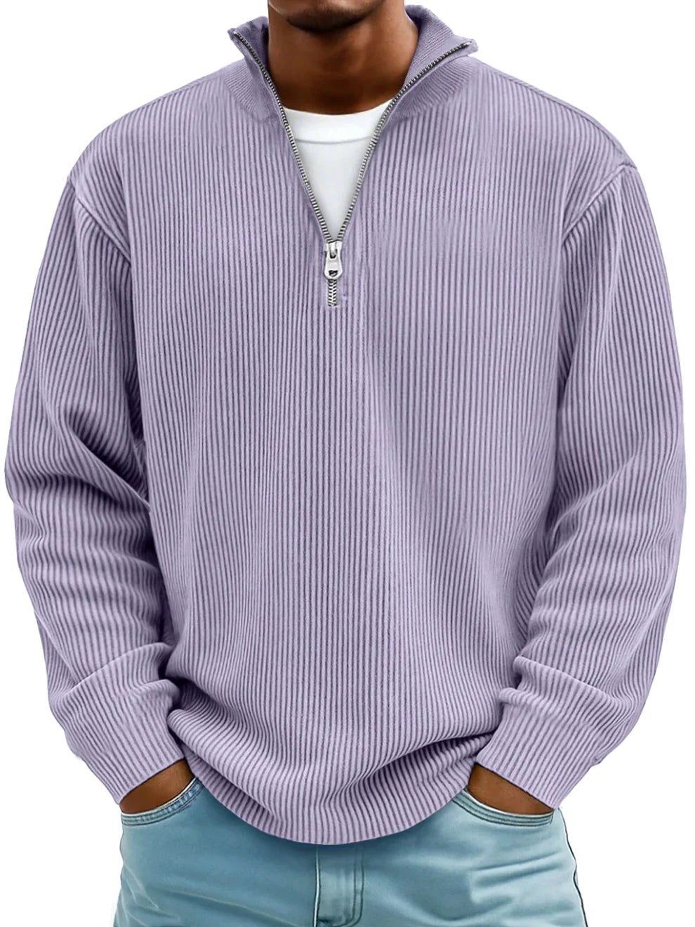 Eckhard | Męska bluza z półzamkiem i prążkowaną fakturą, oversize'owa bluza | Rokishi | Szary