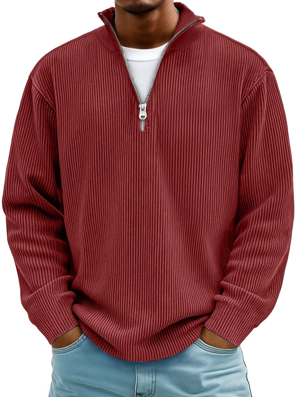 Eckhard | Męska bluza z półzamkiem i prążkowaną fakturą, oversize'owa bluza | Rokishi | Szary