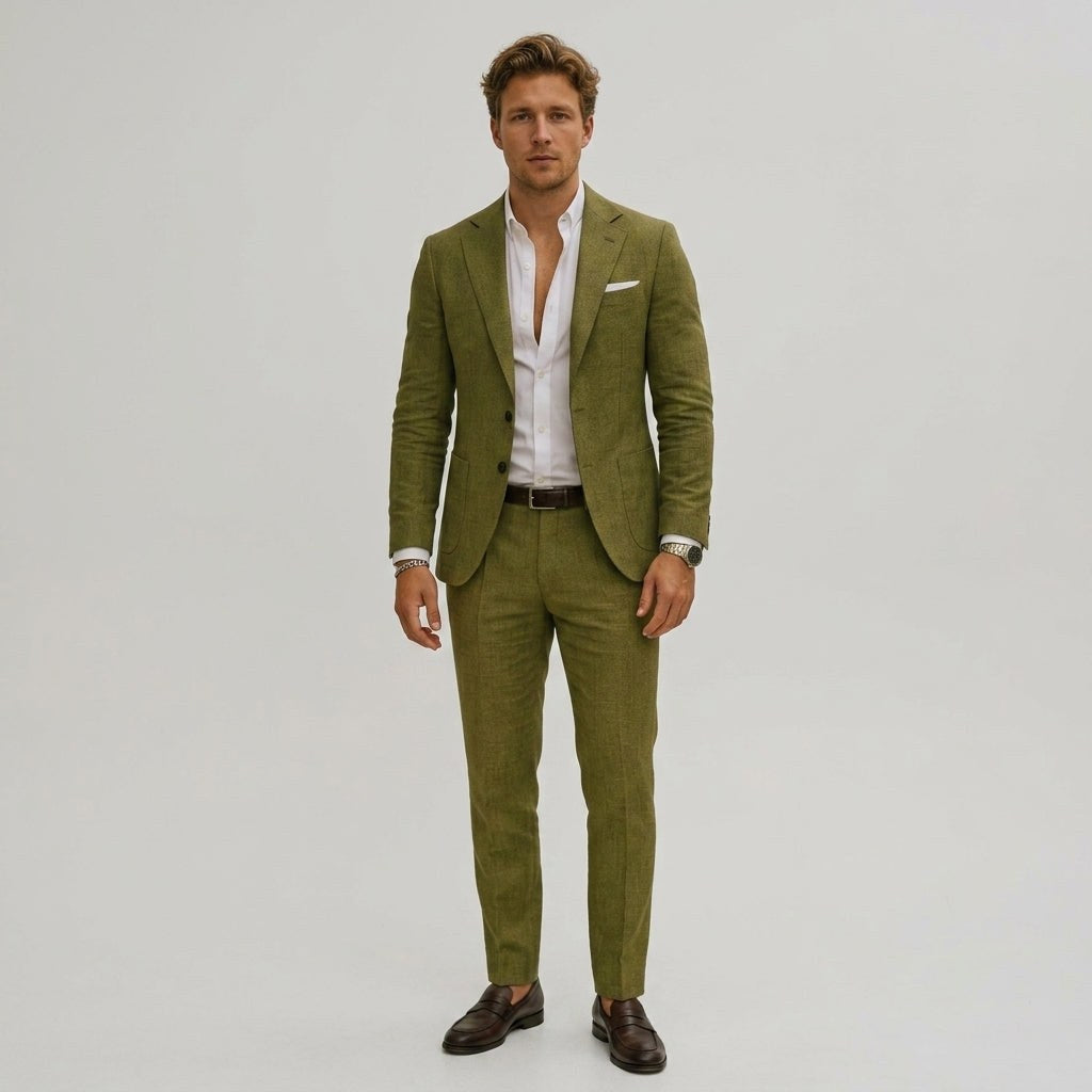 Lech | Męski garnitur dwuczęściowy slim fit, lniany garnitur w kolorze oliwkowym | Rokishi