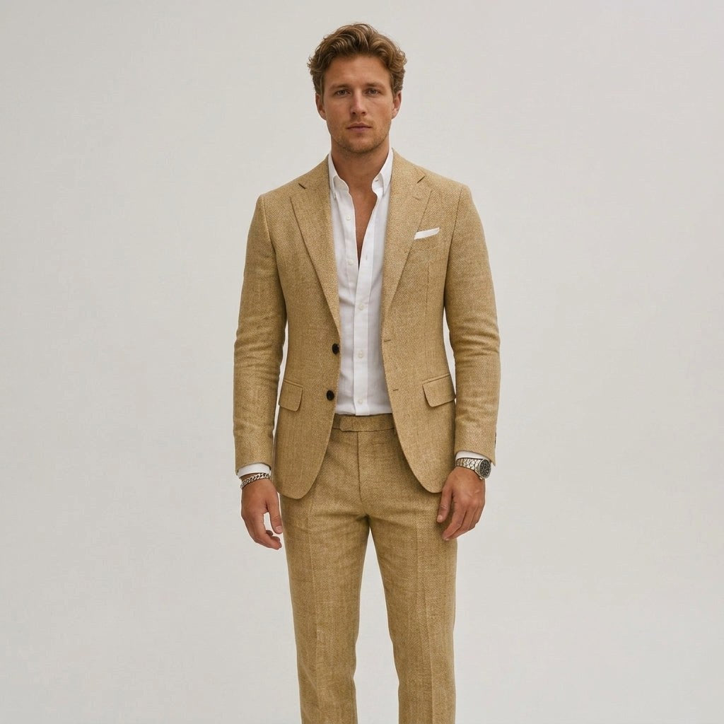 Lech | Męski garnitur dwuczęściowy slim fit, lniany garnitur w kolorze oliwkowym | Rokishi