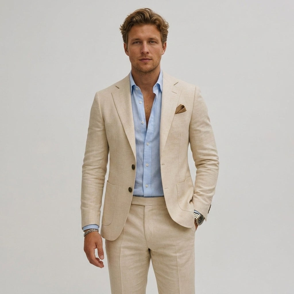 Lech | Męski garnitur dwuczęściowy slim fit, lniany garnitur w kolorze oliwkowym | Rokishi
