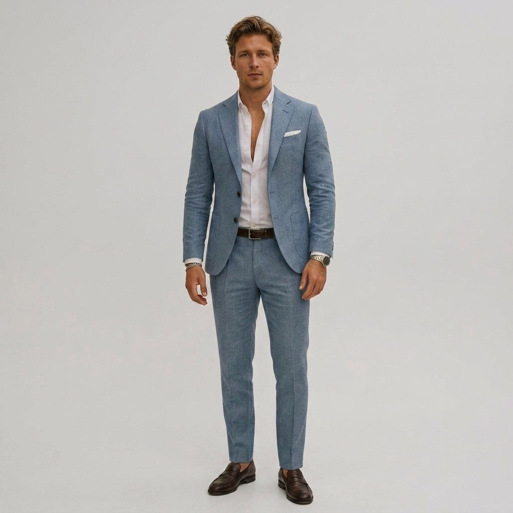 Lech | Męski garnitur dwuczęściowy slim fit, lniany garnitur w kolorze oliwkowym | Rokishi