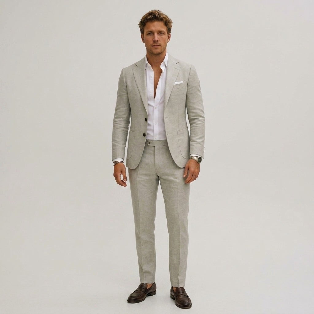 Lech | Męski garnitur dwuczęściowy slim fit, lniany garnitur w kolorze oliwkowym | Rokishi