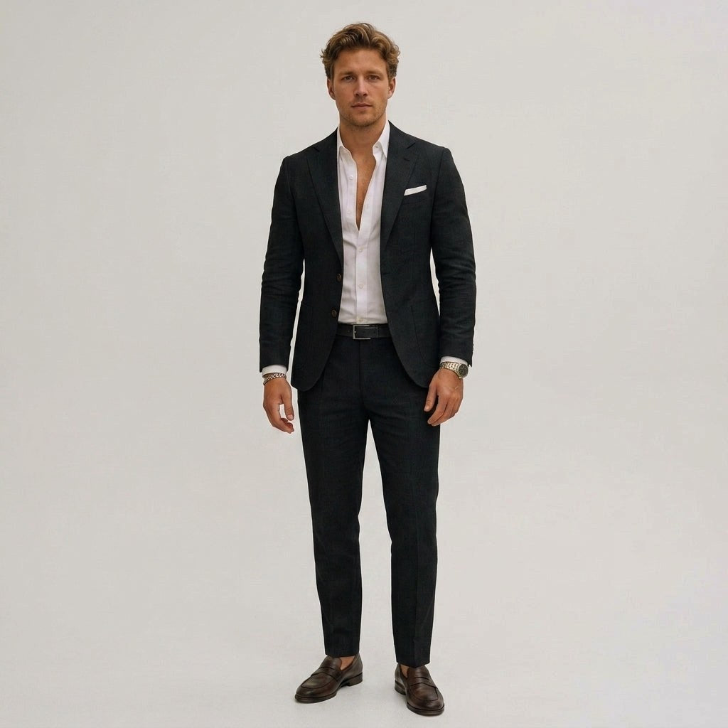 Lech | Męski garnitur dwuczęściowy slim fit, lniany garnitur w kolorze oliwkowym | Rokishi