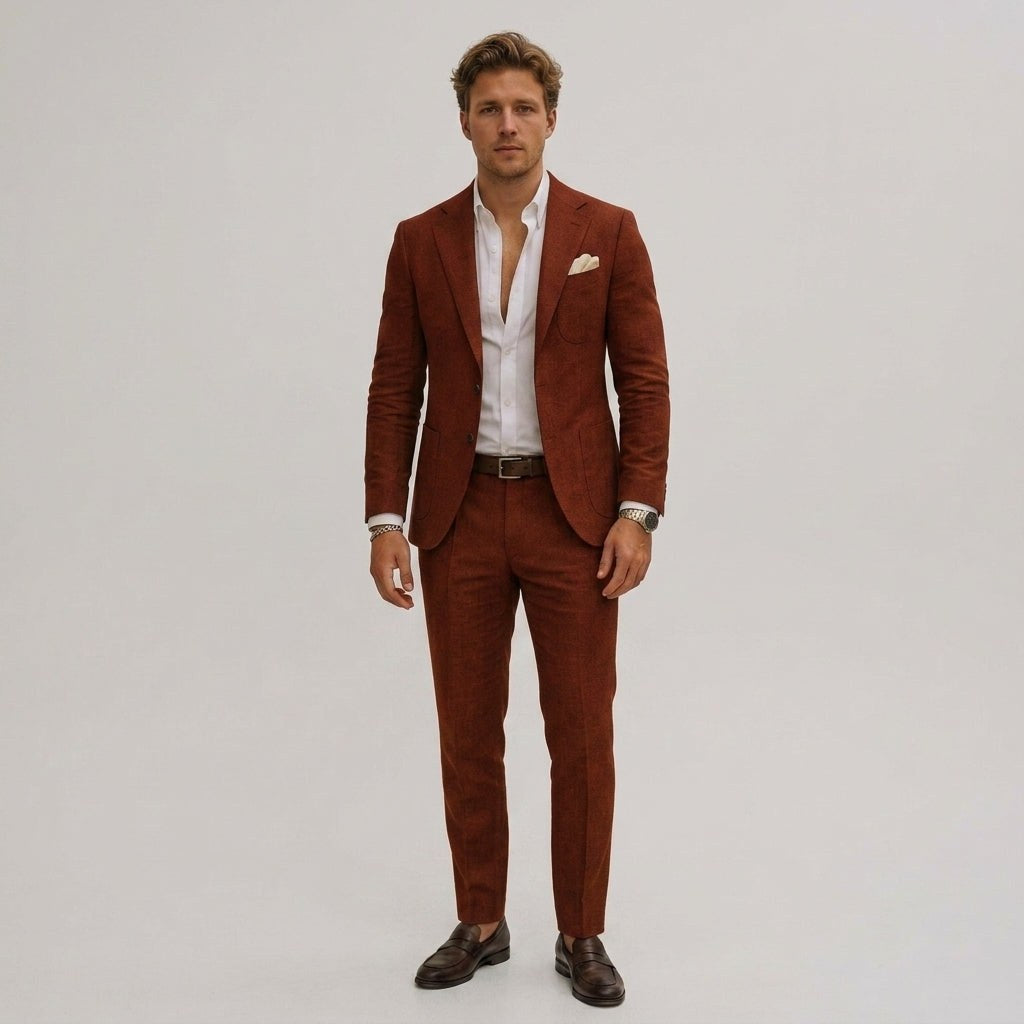 Lech | Męski garnitur dwuczęściowy slim fit, lniany garnitur w kolorze oliwkowym | Rokishi