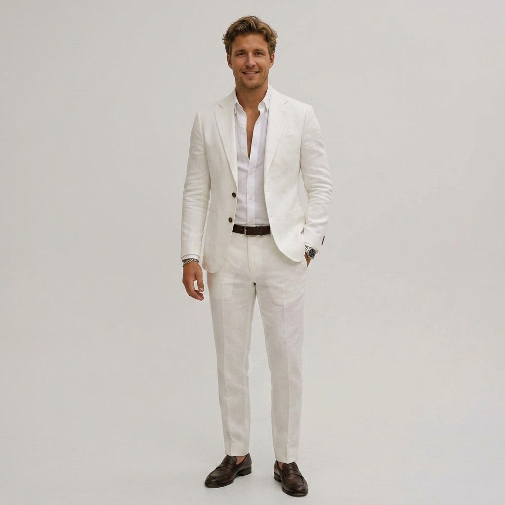 Lech | Męski garnitur dwuczęściowy slim fit, lniany garnitur w kolorze oliwkowym | Rokishi