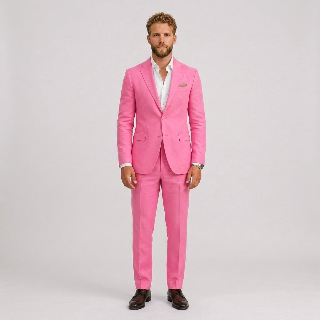 Gustaw | Męski garnitur lniany o kroju slim fit, zestaw dwuczęściowy, taliowany fason | Rokishi