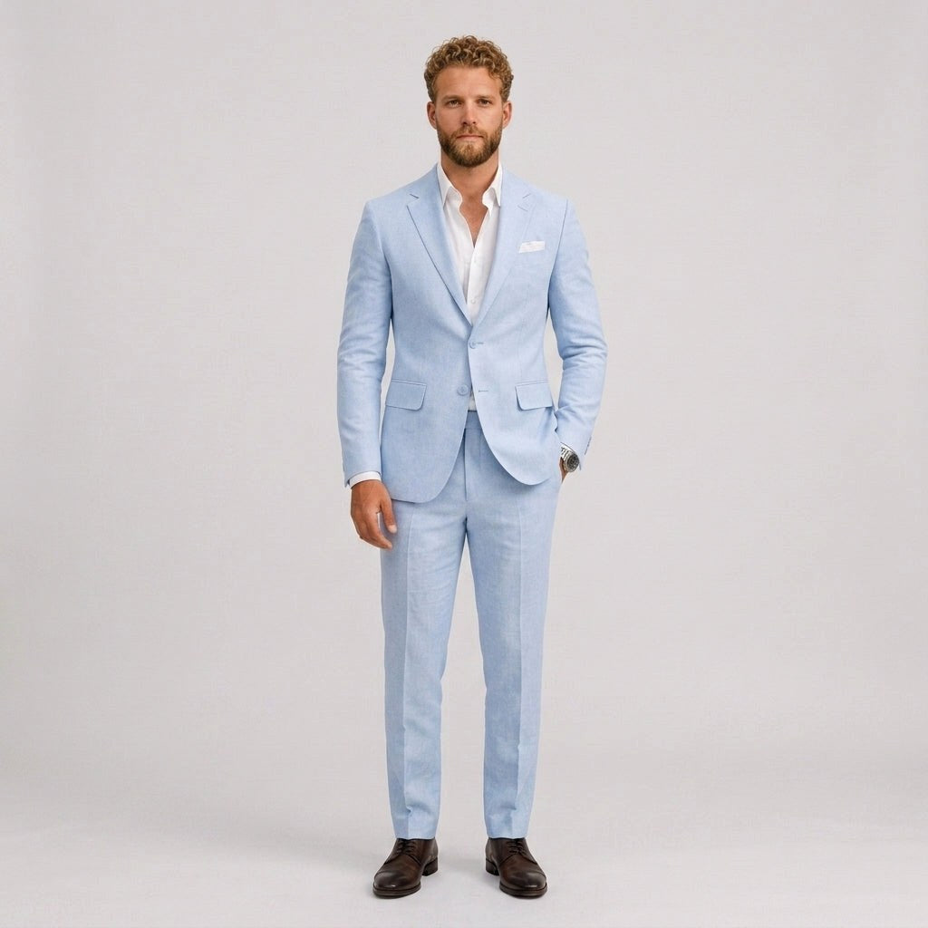 Gustaw | Męski garnitur lniany o kroju slim fit, zestaw dwuczęściowy, taliowany fason | Rokishi