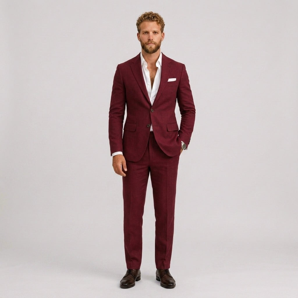 Gustaw | Męski garnitur lniany o kroju slim fit, zestaw dwuczęściowy, taliowany fason | Rokishi