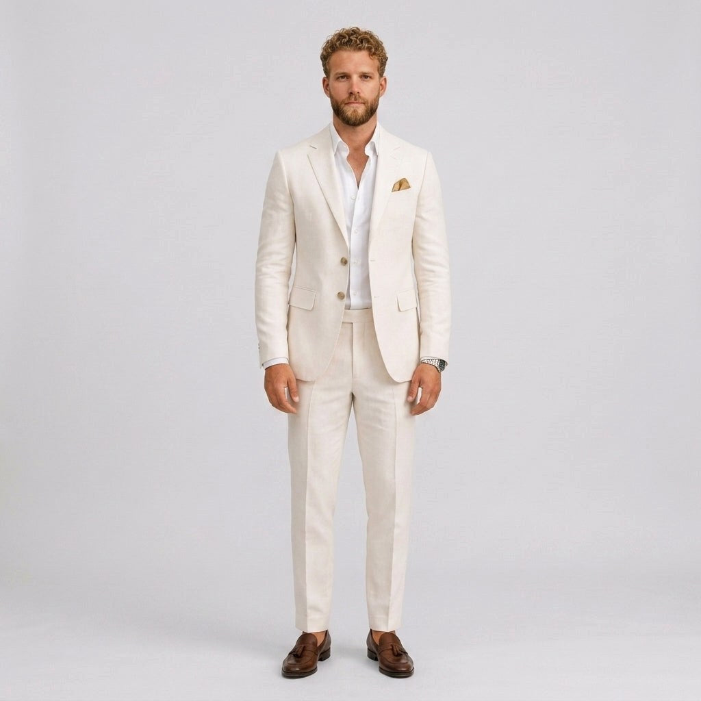 Gustaw | Męski garnitur lniany o kroju slim fit, zestaw dwuczęściowy, taliowany fason | Rokishi