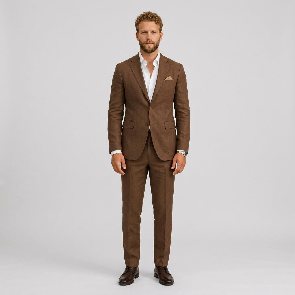 Gustaw | Męski garnitur lniany o kroju slim fit, zestaw dwuczęściowy, taliowany fason | Rokishi