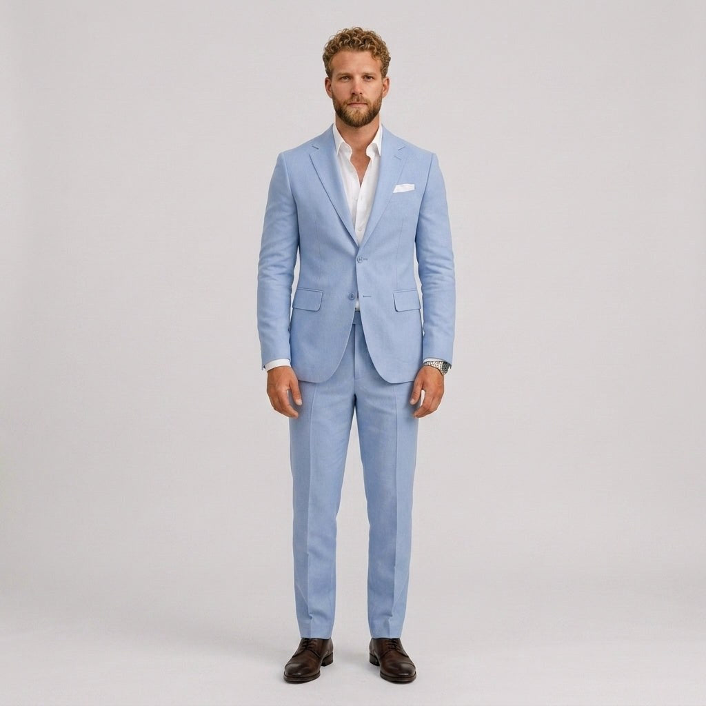 Gustaw | Męski garnitur lniany o kroju slim fit, zestaw dwuczęściowy, taliowany fason | Rokishi