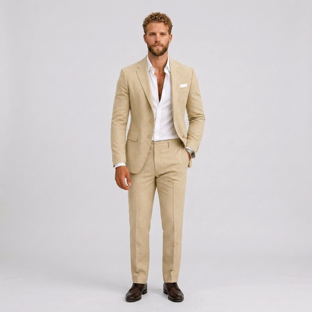 Gustaw | Męski garnitur lniany o kroju slim fit, zestaw dwuczęściowy, taliowany fason | Rokishi