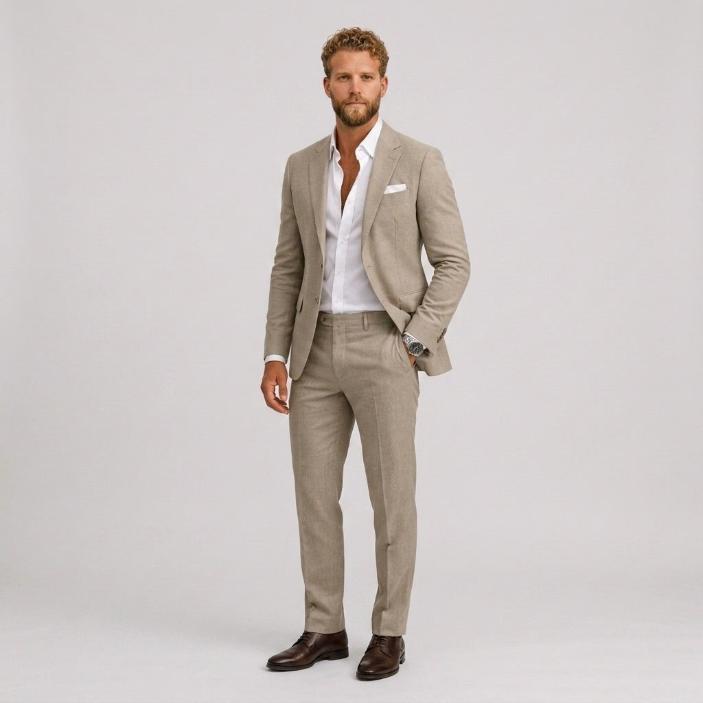 Gustaw | Męski garnitur lniany o kroju slim fit, zestaw dwuczęściowy, taliowany fason | Rokishi
