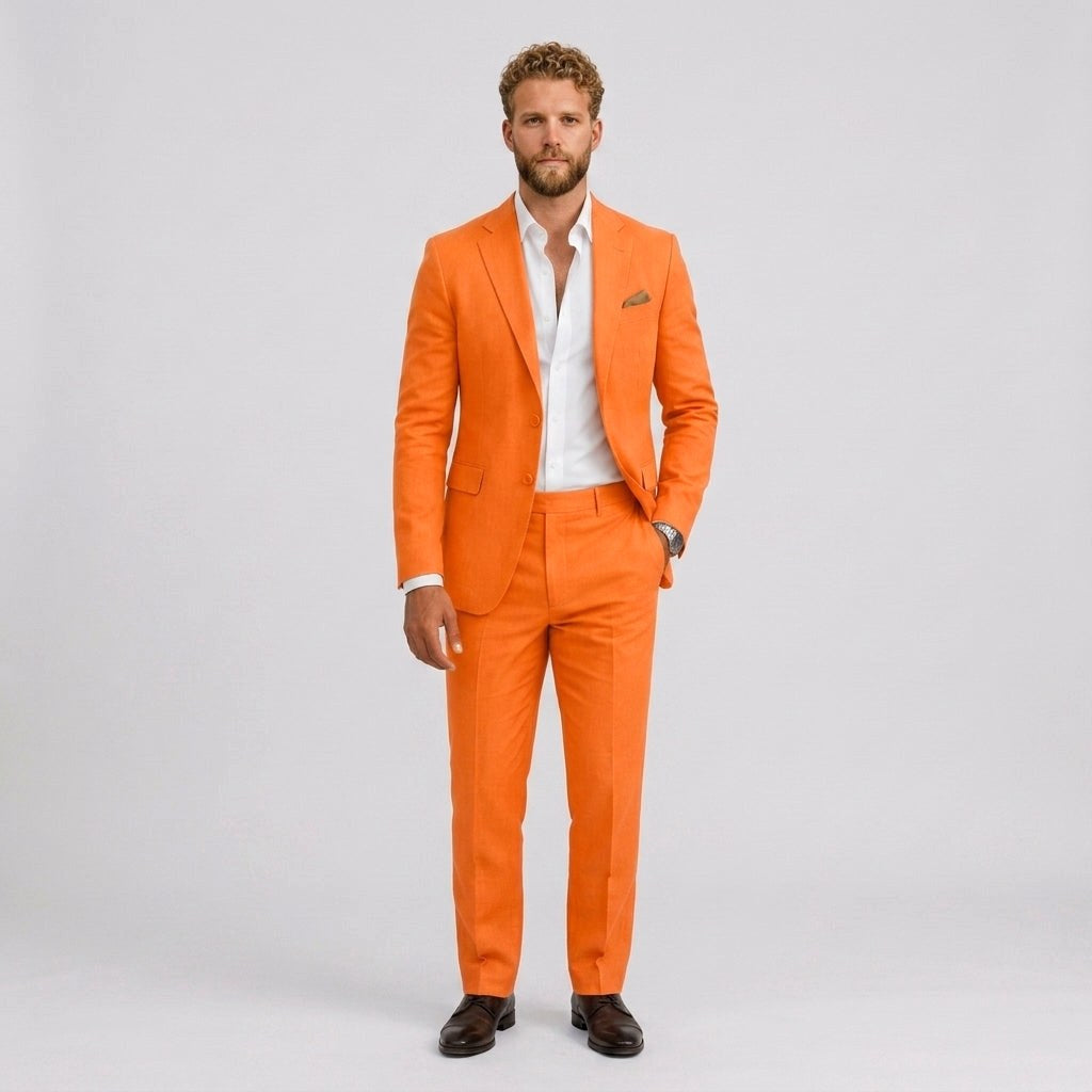 Gustaw | Męski garnitur lniany o kroju slim fit, zestaw dwuczęściowy, taliowany fason | Rokishi