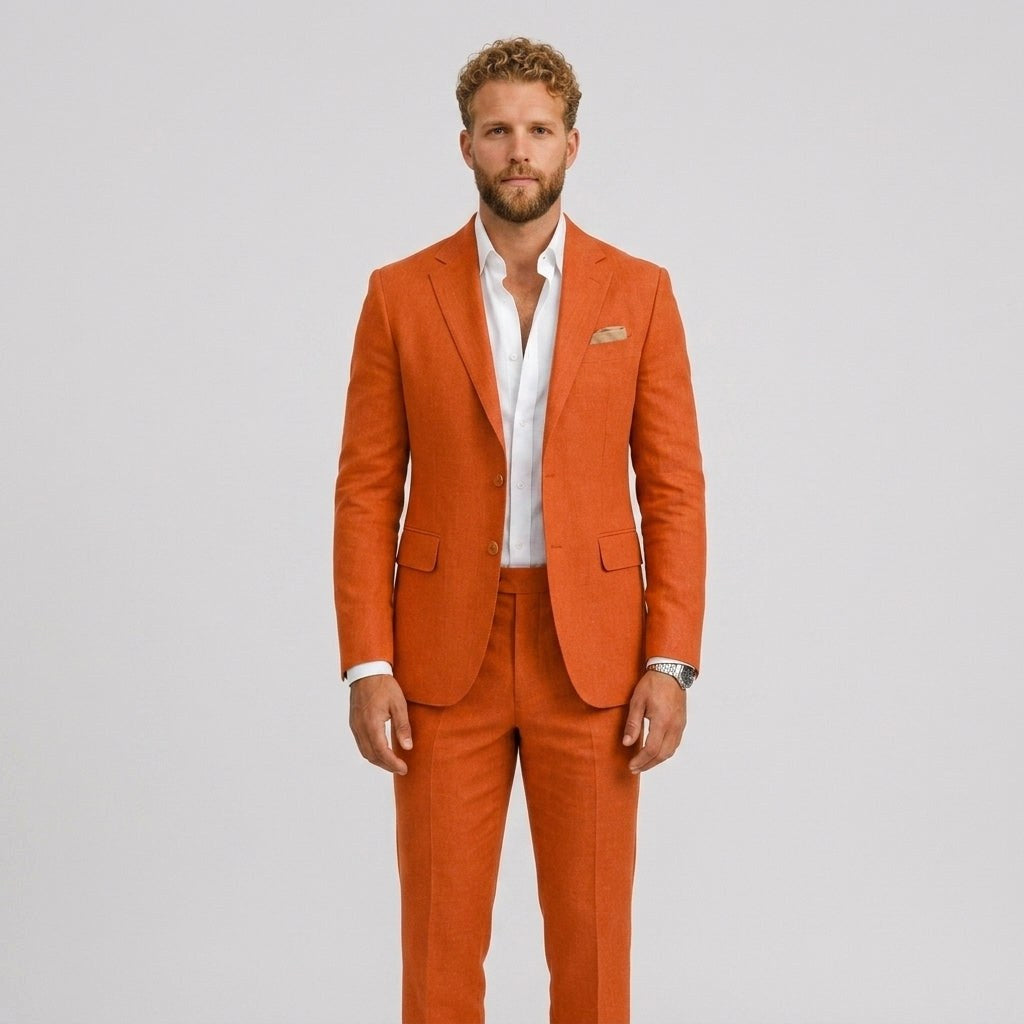 Gustaw | Męski garnitur lniany o kroju slim fit, zestaw dwuczęściowy, taliowany fason | Rokishi