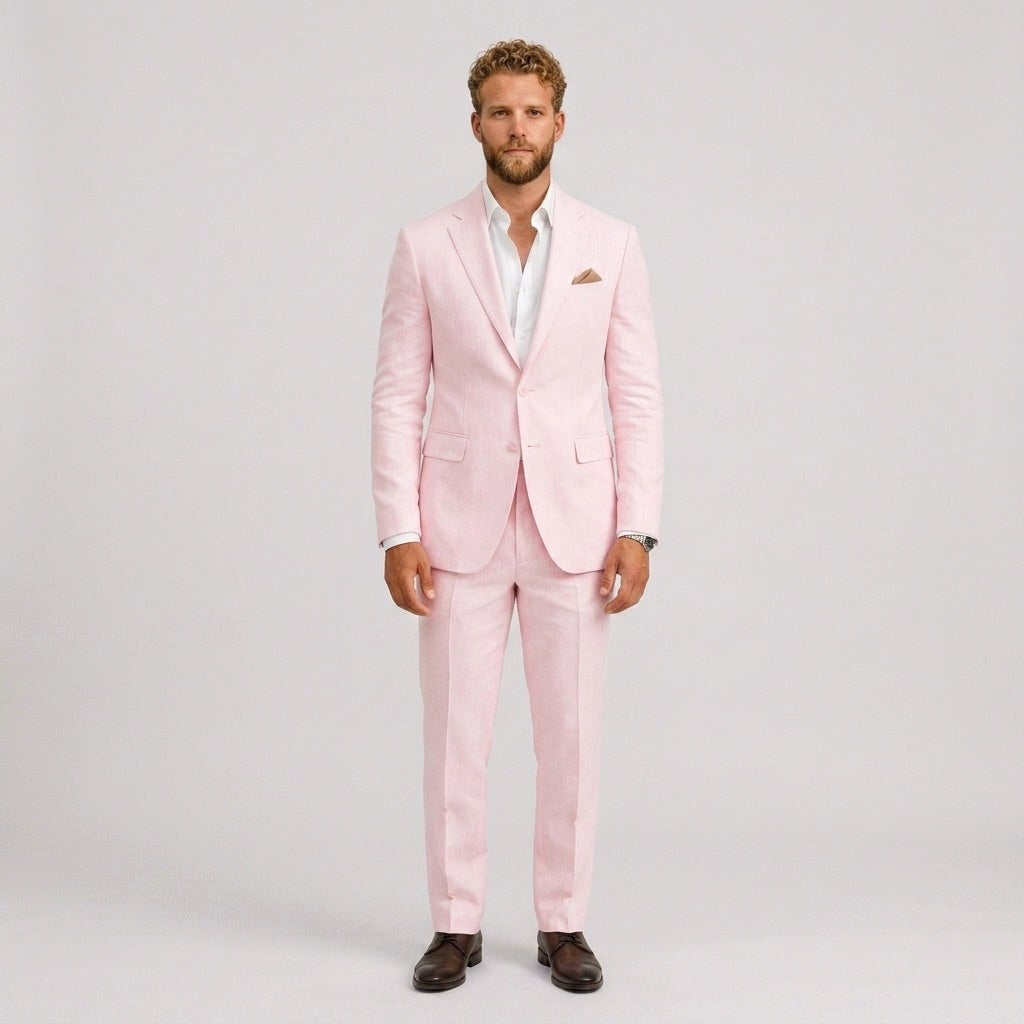 Gustaw | Męski garnitur lniany o kroju slim fit, zestaw dwuczęściowy, taliowany fason | Rokishi