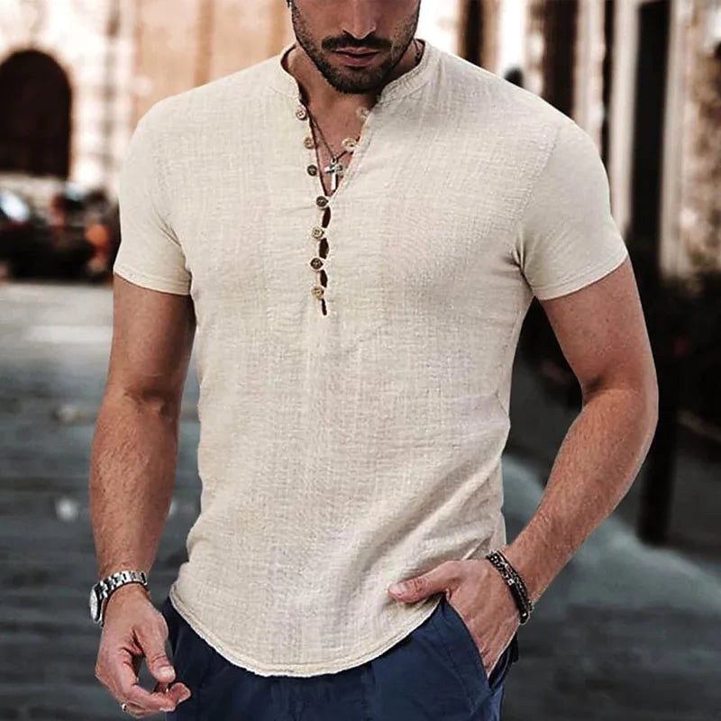 Maurycy | Męska koszulka Henley z lnu, casualowy model z krótkim rękawem | Rokishi