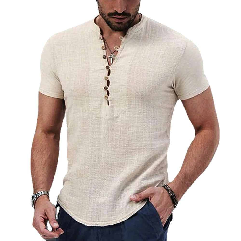 Maurycy | Męska koszulka Henley z lnu, casualowy model z krótkim rękawem | Rokishi