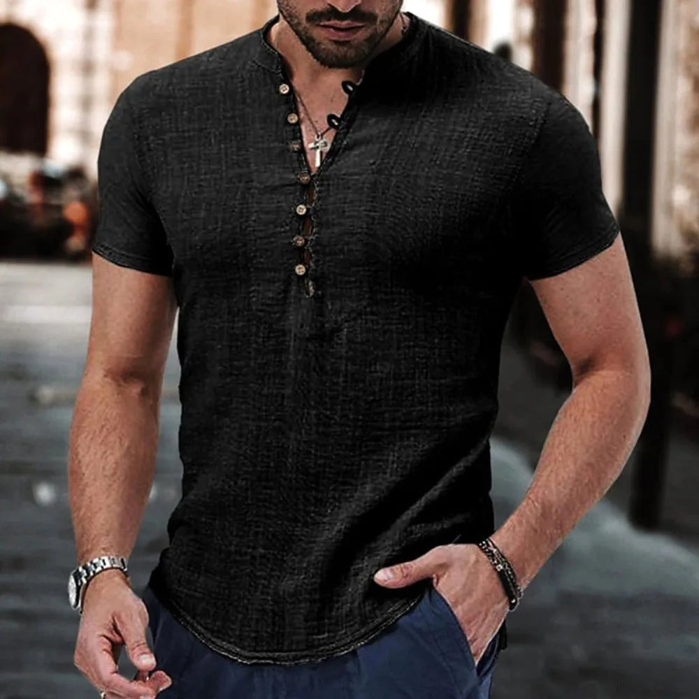 Maurycy | Męska koszulka Henley z lnu, casualowy model z krótkim rękawem | Rokishi