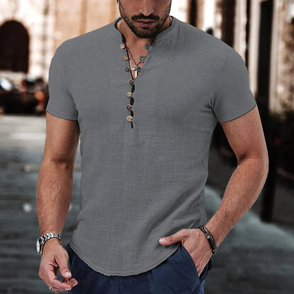 Maurycy | Męska koszulka Henley z lnu, casualowy model z krótkim rękawem | Rokishi