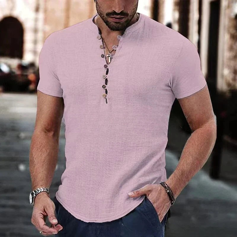 Maurycy | Męska koszulka Henley z lnu, casualowy model z krótkim rękawem | Rokishi