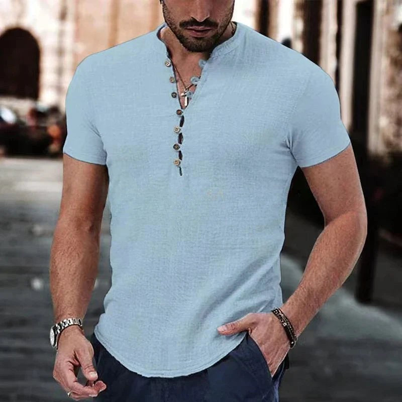 Maurycy | Męska koszulka Henley z lnu, casualowy model z krótkim rękawem | Rokishi