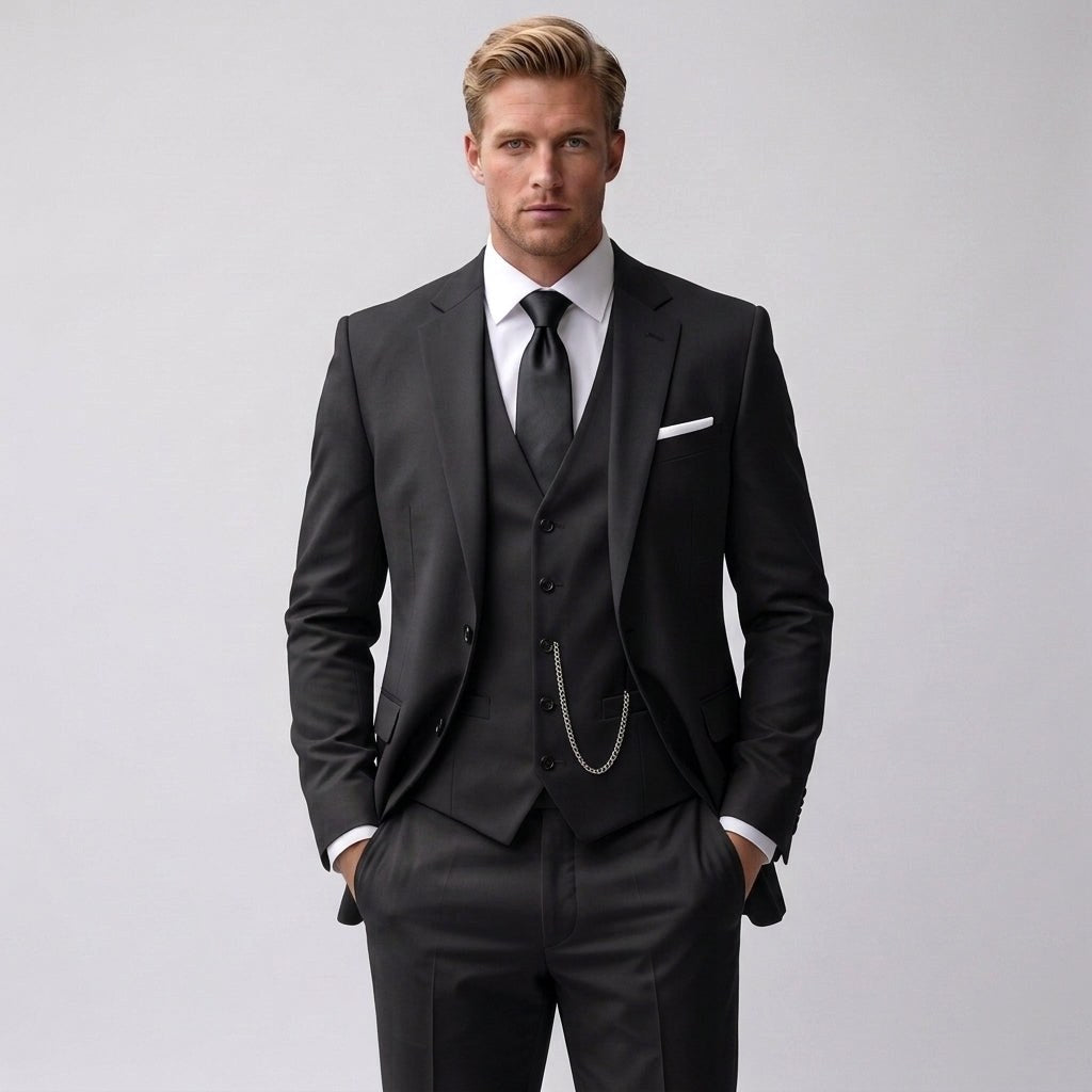 Ludwik | Męski garnitur trzyczęściowy o kroju slim fit: marynarka, kamizelka i spodnie | Rokishi