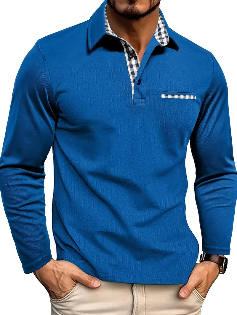 Oliver | Męska koszulka polo z długim rękawem i kraciastym kołnierzykiem, elegancka koszulka polo | Rokishi | Szary