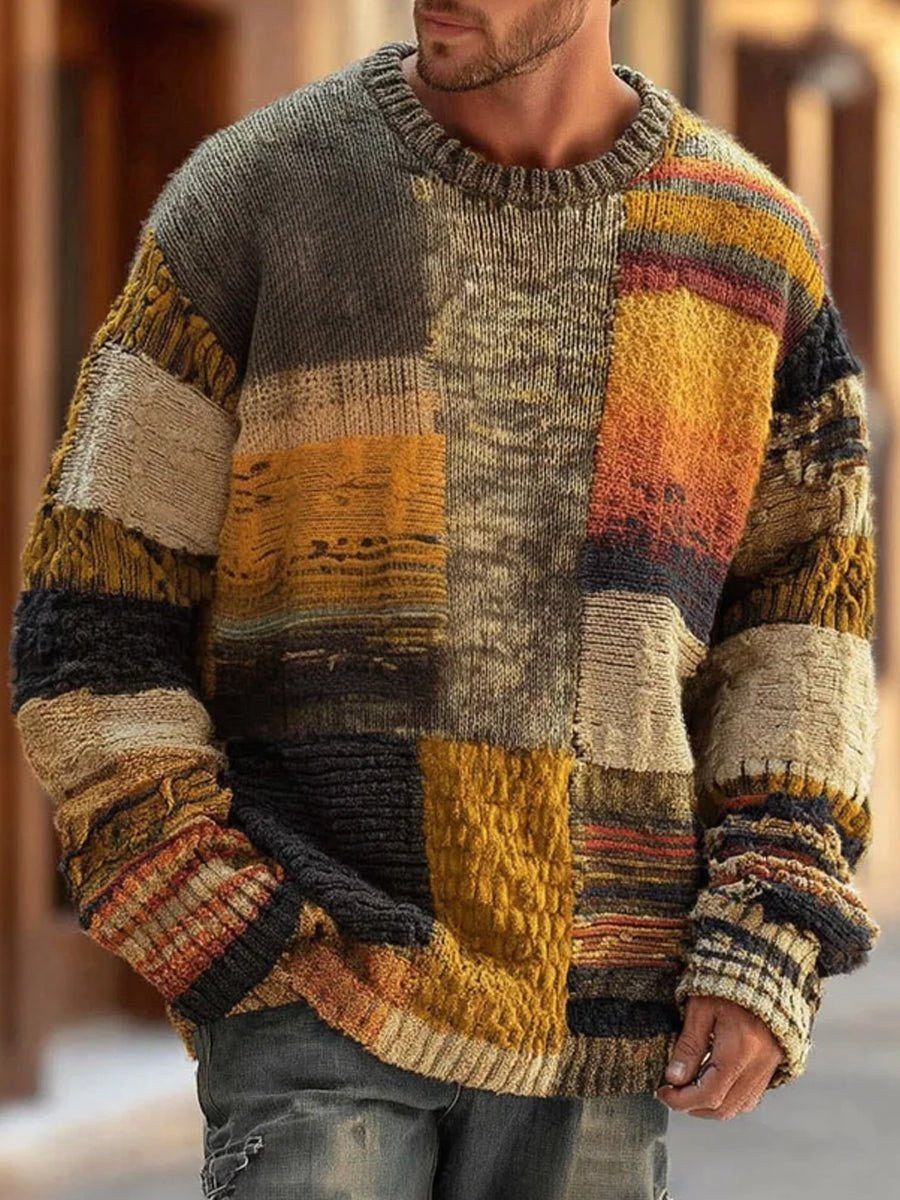 Jakub | Męski sweter dzianinowy w stylu patchwork, model z długim rękawem na jesień | Rokishi