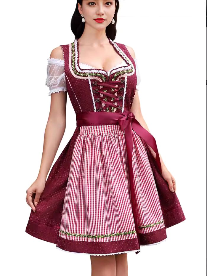 Magdalena | Damska sukienka w kratę w stylu bawarskim z gorsetowym wiązaniem i koronką, sukienka midi na Oktoberfest | Rokishi