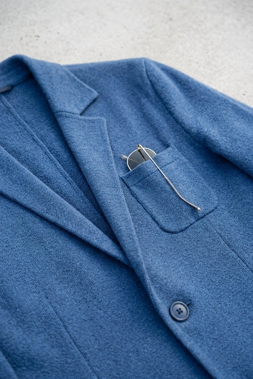 Sebastian | Męski blazer jeansowy z klapami, strukturalny blazer na guziki | Rokishi