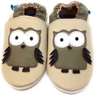 MiniFeet Beige Owl Soft Leather Baby Shoes - front view