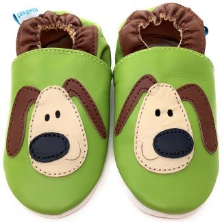 MiniFeet Green Dog Soft Leather Baby Shoes - front view
