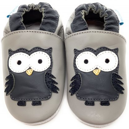 MiniFeet Grey Owl Soft Leather Baby Shoes - front view