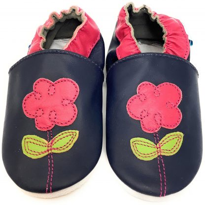 MiniFeet Navy Flower Soft Leather Baby Shoes - front view