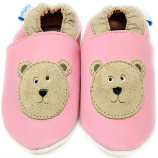MiniFeet Pink Bear Soft Leather Baby Shoes - front view