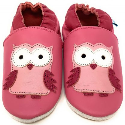 MiniFeet Pink Owl Soft Leather Baby Shoes - front view
