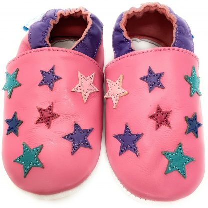 MiniFeet Pink Stars Soft Leather Baby Shoes - front view